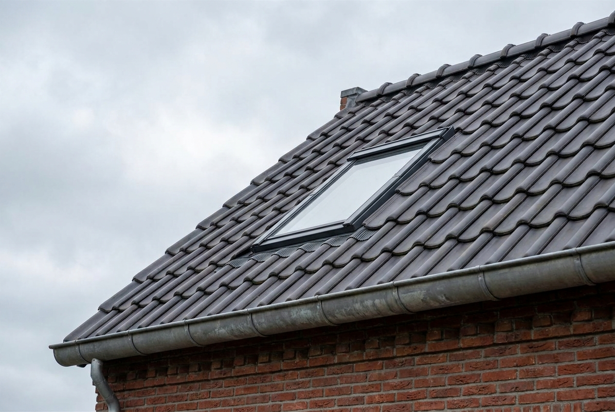 Nederlands pannendak met dakraam, nokvorsten en zinken goot boven een bakstenen gevel