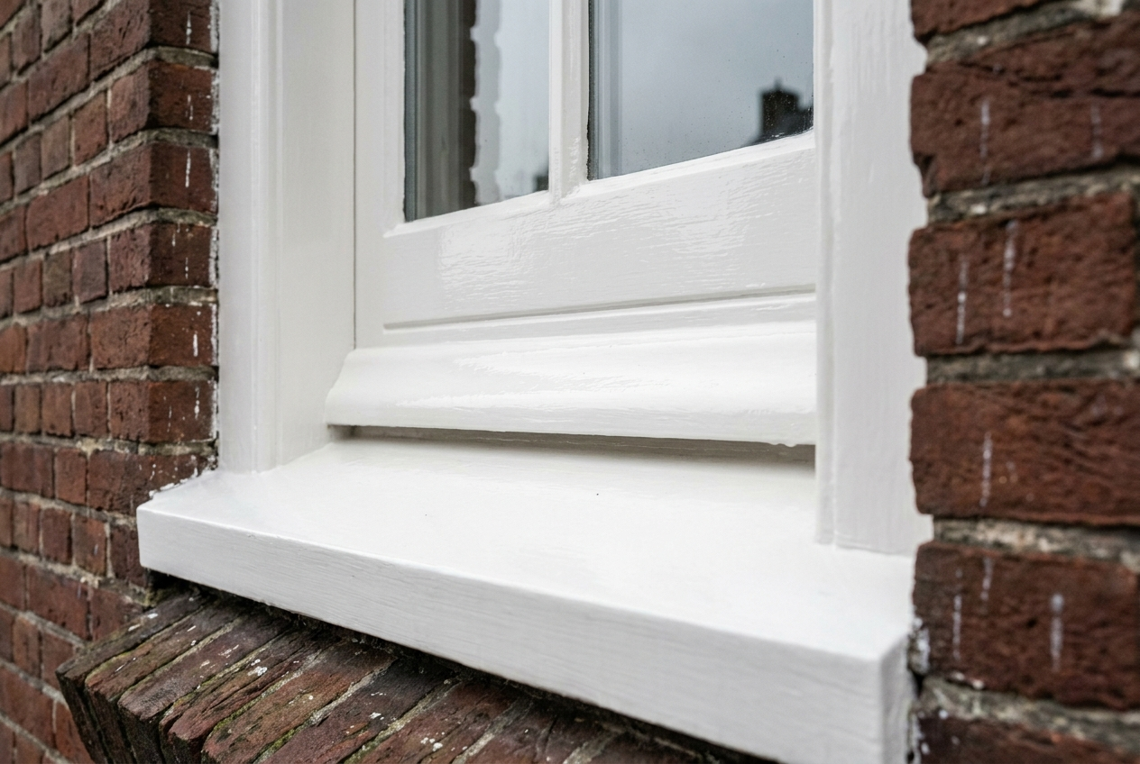 Vers geschilderd wit houten kozijn in een Nederlandse bakstenen gevel