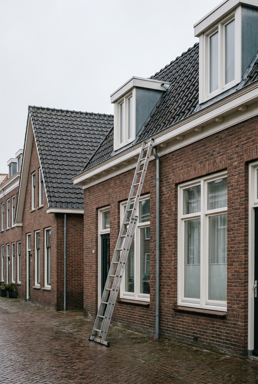 Ladder tegen de gevel van een Nederlandse woning met pannendak en dakkapellen