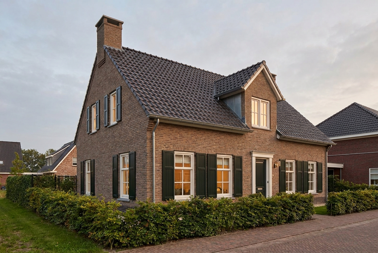 Nederlandse woning met pannendak, schoorsteen en verzorgde gevel