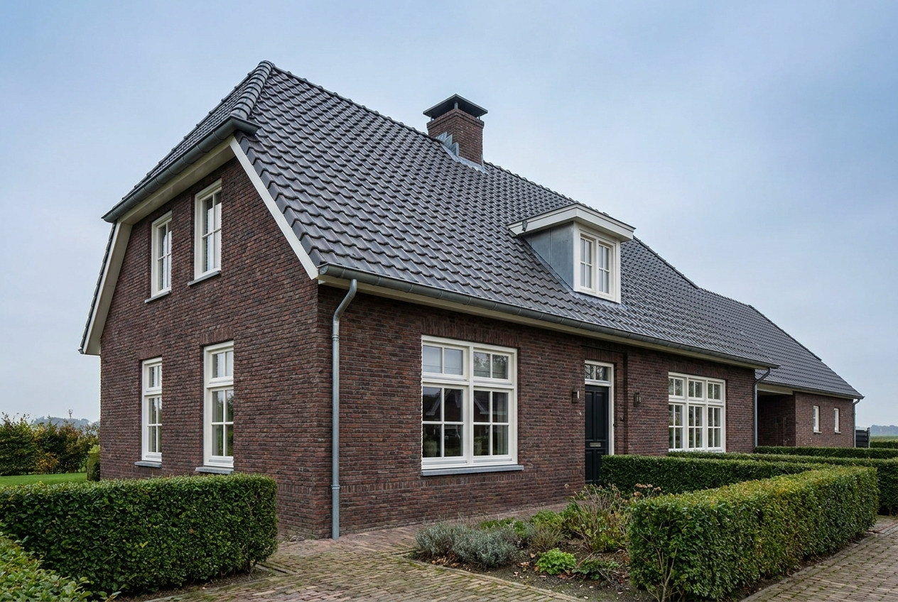 Nederlandse bakstenen woning met donkere keramische dakpannen, dakkapel en zinken dakgoot