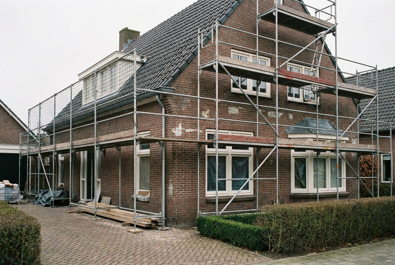 Nederlandse woning in renovatie met steiger langs de bakstenen gevel